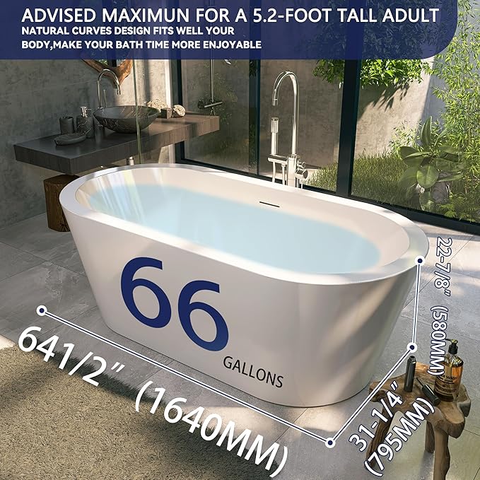 64" Acrylic Free Standing Tub, Stand Alone Tub, Freestanding Bathtub, Soaking Bathtub, cUPC Certified, LT(Glossy White)