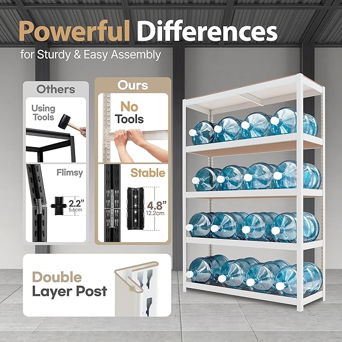 HOMEDANT House 48.1" W 5 Tier Heavy Duty Garage Shelving Adjustable Metal Rack Storage Shelves Standing Shelf Unit Organizers Industrial Warehouse Basement White 1Pack