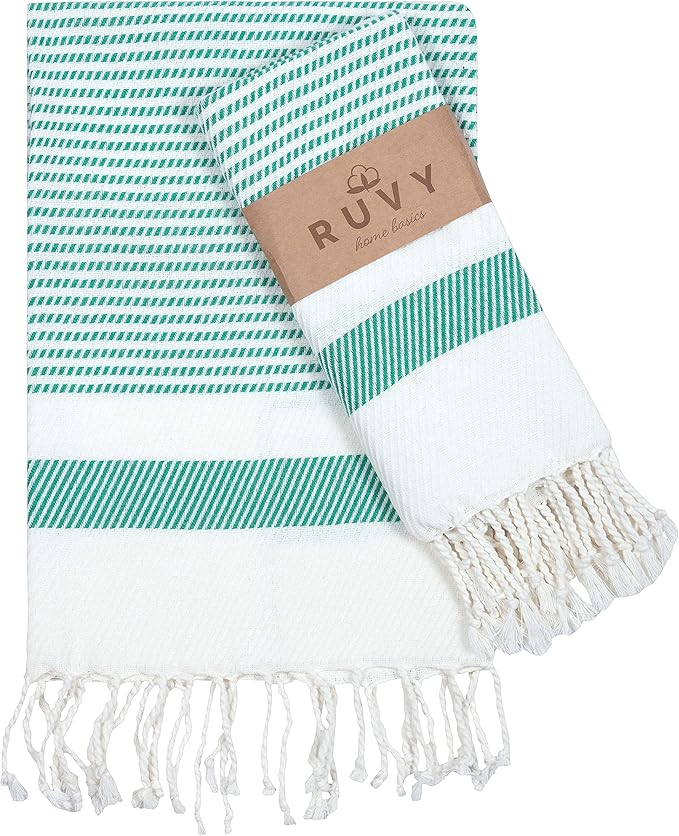 Ruvy Home Basics Turkish Hand Towels for Bathroom Set of 2 | 18"x40", Cotton | Decorative Towel for Bathroom, Kitchen, Dishcloth, Tea, Yoga, Face, Gym - Green