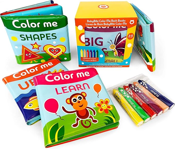 BabyBibi Color Me Bath Books Plus Crayons – Set of 4 Different Books – Includes 6 Washable Bath Crayons – Learn and Play Including Opposites and Shapes – Suitable for 2+