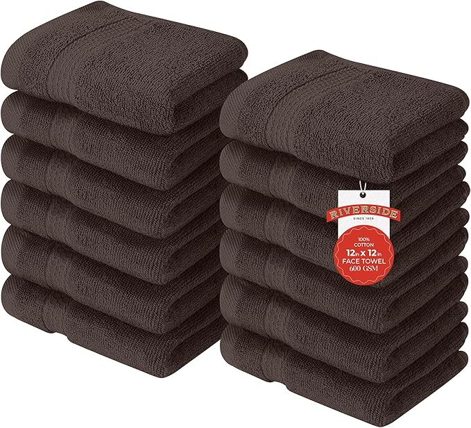 RIVERSIDE 12 Pack Premium 100% Cotton Face Washcloths, 550 GSM, 12 x 12 Inches, Soft, Absorbent Towels for Body & Shower, Bathroom Wash Clothes, Durable Face Towels Set for Spa, Gym, Brown