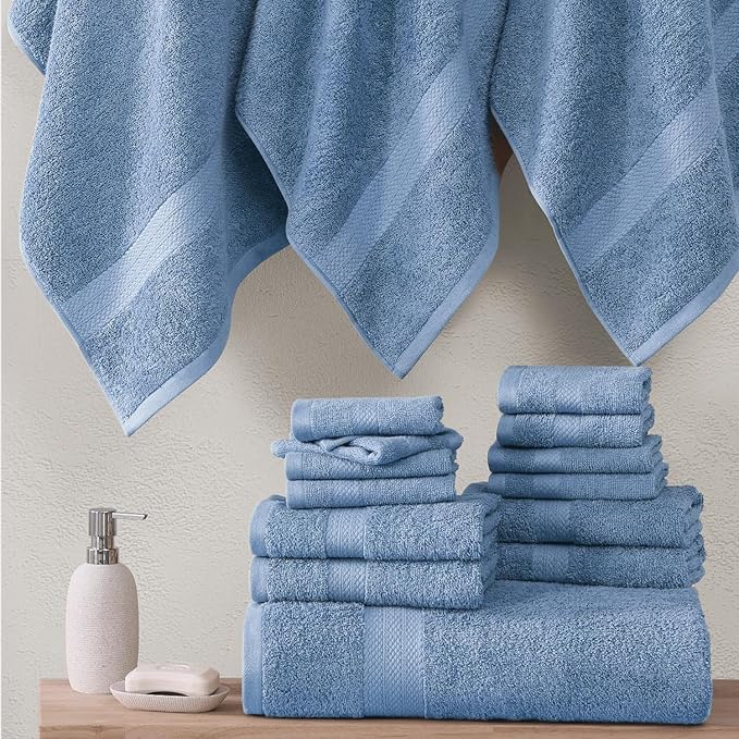 LANE LINEN 100% Cotton Premium Bathroom Towels Set - 16 Pieces - Ring Spun, Quick Dry, Super Soft & Highly Absorbent - 4 Bath, 8 Washcloths, 4 Hand Towels for Bathroom - Pre Shrunk - Cerulean Blue