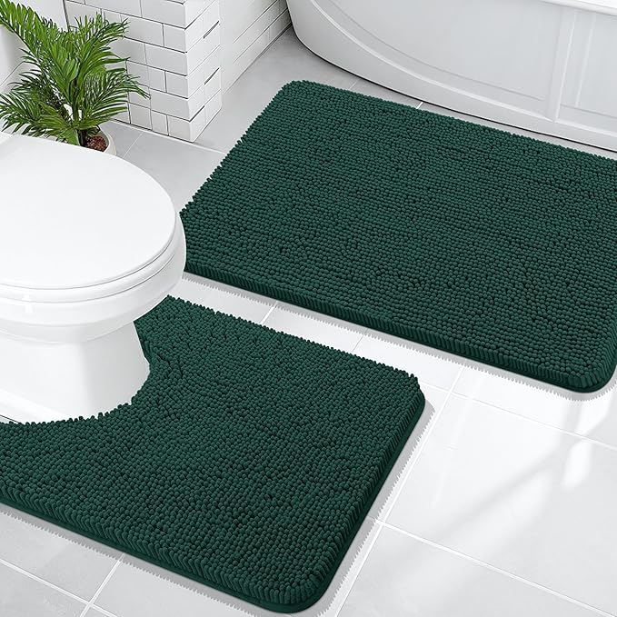 OLANLY Bathroom Rugs Sets 2 Piece, Soft Absorbent Chenille Bath Mats and U-Shaped Contour Toilet Mat Area Rug Set, Machine Washable Bath Carpet, Home Decor Accessories(30"x20"+24"x20", Blackish Green)
