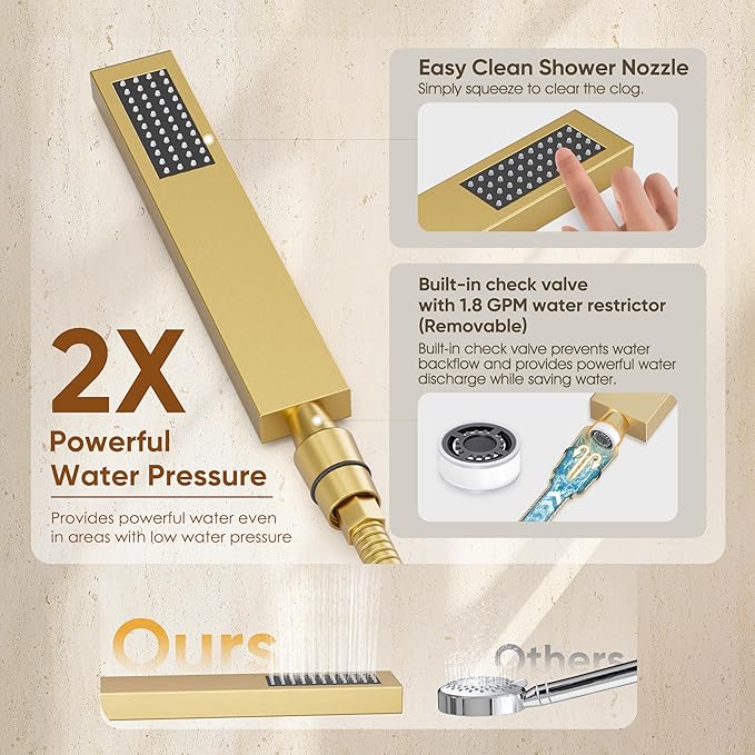 Shower System with Tub Spout, All Metal Tub Shower Faucet Set with 10-Inch Rain Shower Head and Handheld Spray combo, Wall Mounted Shower Combo Set with shower valve and Trim kit,Brushed Gold