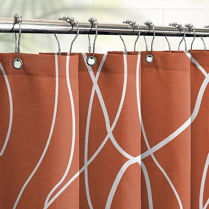 Tititex Morden 140gms Faux Linen Fabric Bath Shower Curtain Set Textured Fabric with Caramel White Curve Pattern 72x72 Inch Water Resistant Bathroom Curtains, Weighted Hem & Hooksfor Hotel/Home