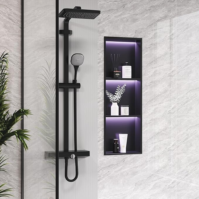 3-Tiers 12x36Inch Wall Niche with RGB LED Light Strips, Matte Black Shower Niche Shelf Cabinet, Stainless Steel Bathroom Shelf, NO Tile Needed Recessed Waterproof Storage Organizer