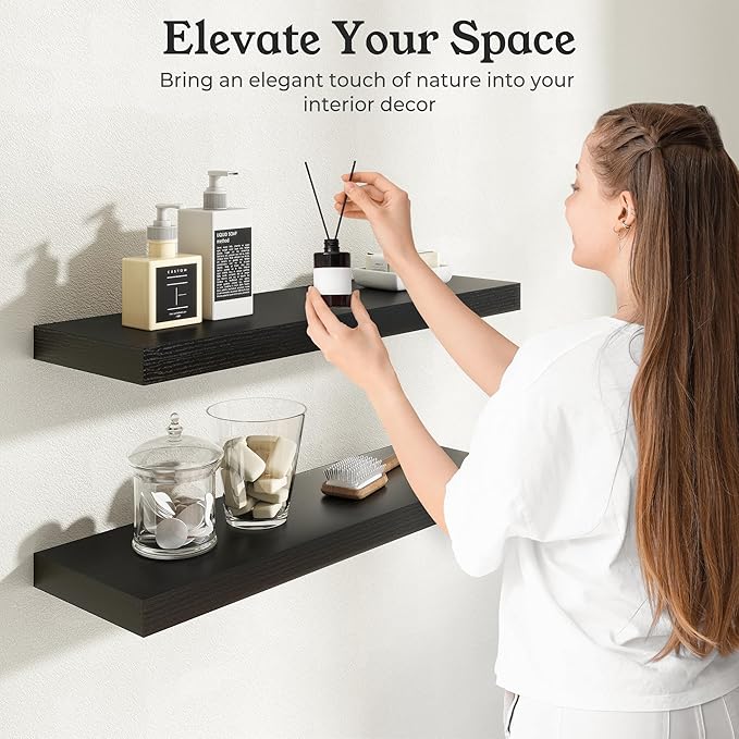 Floating Shelves for Wall, 9.3" Deep Wall Mounted Wood Shelves for Bathroom, Bedroom, Living Room, Kitchen, Hanging Shelf for Books/Storage/Room Decor (Black, 30")