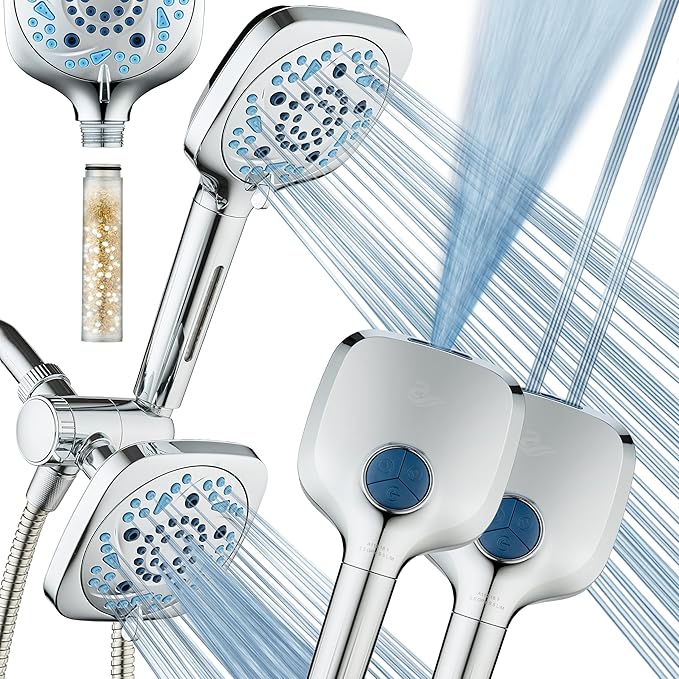 6-way High Pressure 82 Spray Mode Filtered Showerhead Combo - Handheld Shower Head Filters Chlorine to Heal Dry Skin, Revive Hair - Dual Power Wash Cleans Tub, Tile, Pets - Hard Water Softener, Chrome