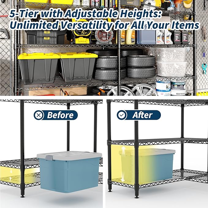 5-Tier Metal Storage Shelves, Adjustable Wire Shelving Unit for Garage, Pantry, Basement & Kitchen, Heavy-Duty Shelf Organizer with Double-Row Design, 70.8" w x 15.8" d x 70.5" h, 265 Lbs Per Tier