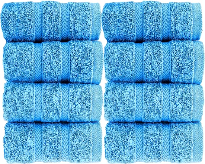 HALLEY Turkish 8 Pack Premium Washcloths (8 Pieces) 650 GSM Highly Absorbent Super Soft 100% Cotton - 8 Washcloths (Blue)