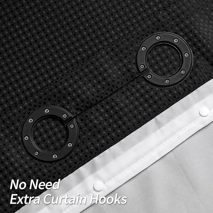MitoVilla No Hooks Needed Extra Long Shower Curtain Liner Set, 86 inch XL Black Waffle Heavyweight Fabric Cloth Shower Curtains Set with Snap-in Liner for Modern Luxury Hotel & Spa Bathroom Decor