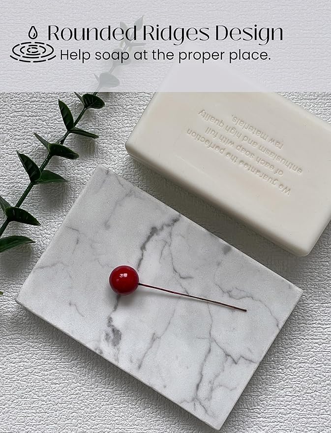 Real Marble Soap Dish - Soap Dish for Shower, Shower Bar Soap Holder, Marble Dish for Bathroom Kitchen, Decorative Stone Soap Dish (Calacatta White, Rectangular)