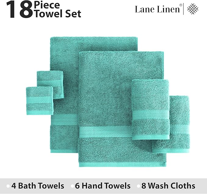 LANE LINEN 100% Ring Spun Cotton Bath Towel Set, 18PCs - 4 Shower Towels, 8 Washcloths, 6 Premium Hand Towels for Bathroom - Hotel Quality Softness & Oeko-Tex Certified, Sustainably Produced - Teal