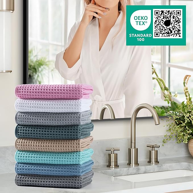 Microfiber Waffle Hand Towels, 4 Pieces, Soft, Absorbent, Fast Drying, Lint Free (Pink)