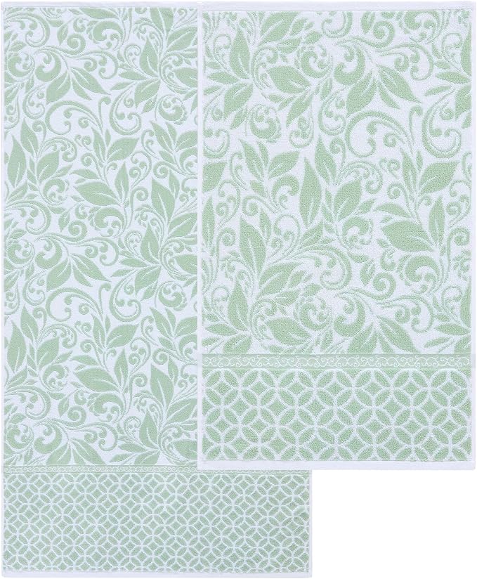 Modern Threads Trefoil Filigree 6-Piece 100% Cotton Towel Set – Reversible Yarn Dyed Jacquard – Includes 2 Bath Towels, 2 Hand Towels, 2 Washcloths – Absorbent, Quick Dry, Soft & Durable – Sage Green