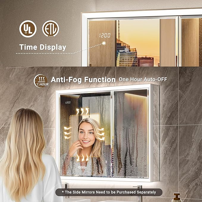 30x32 Beveled Lighted Medicine Cabinet with Mirror & Lights, Surface or Recessed Mirrored Medicine Cabinet with Outlet & Clock, Anti-Fog Dimmable LED Storage Cabinet, Built-in Sensor Light