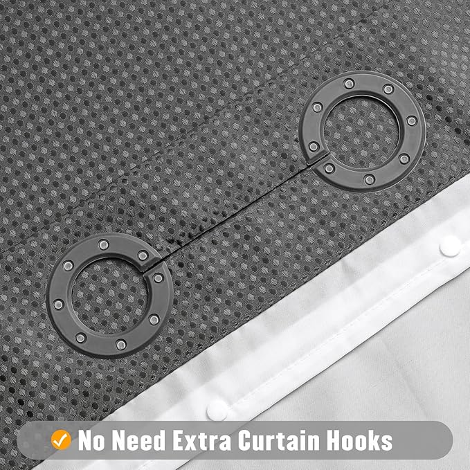 MitoVilla No Hooks Needed Grey Waffle Shower Curtain Liner Set, Modern Waffle Weave Heavy Duty Fabric Cloth Shower Curtain with Snap-in Liner for Luxury Neutral Hotel Spa Bathroom Decor