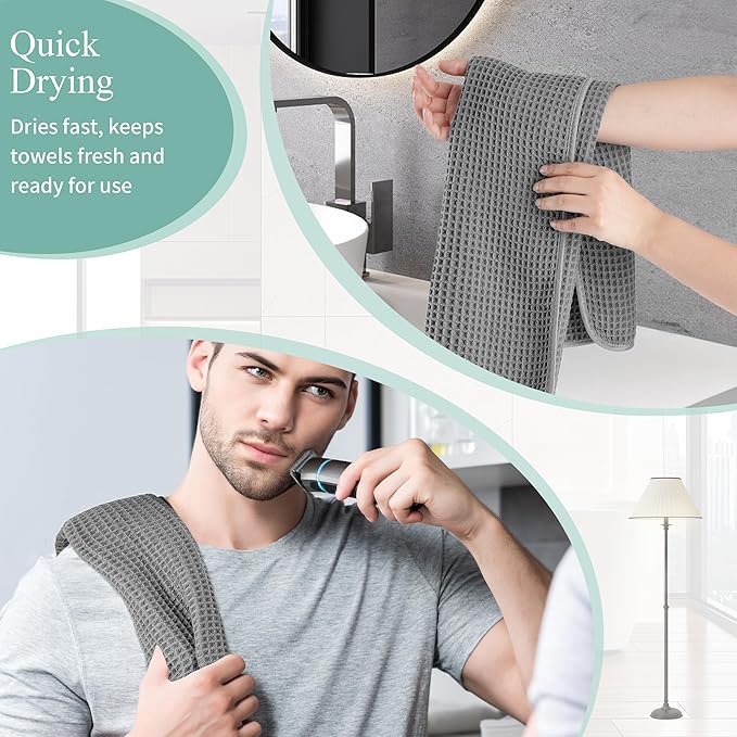 Microfiber Waffle Hand Towels, 4 Pieces, Soft, Absorbent, Fast Drying, Lint Free (Gray)