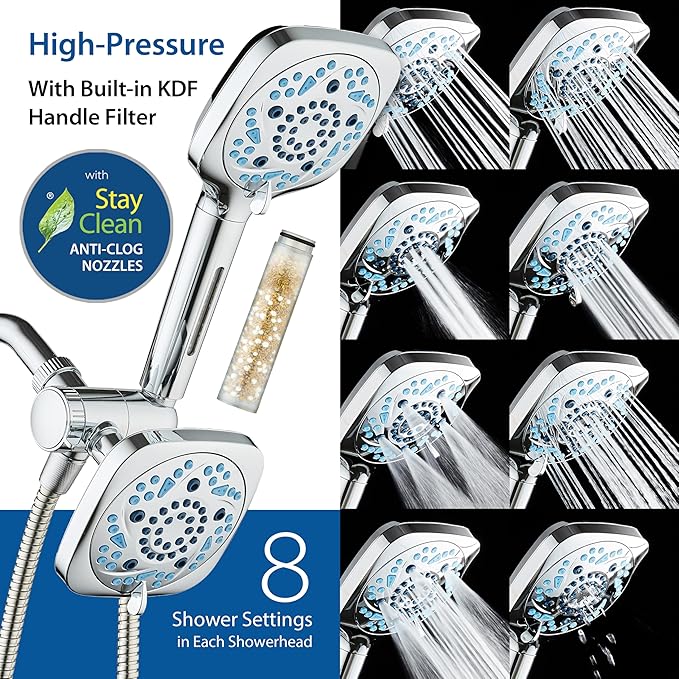 6-way High Pressure 82 Spray Mode Filtered Showerhead Combo - Handheld Shower Head Filters Chlorine to Heal Dry Skin, Revive Hair - Dual Power Wash Cleans Tub, Tile, Pets - Hard Water Softener, Chrome