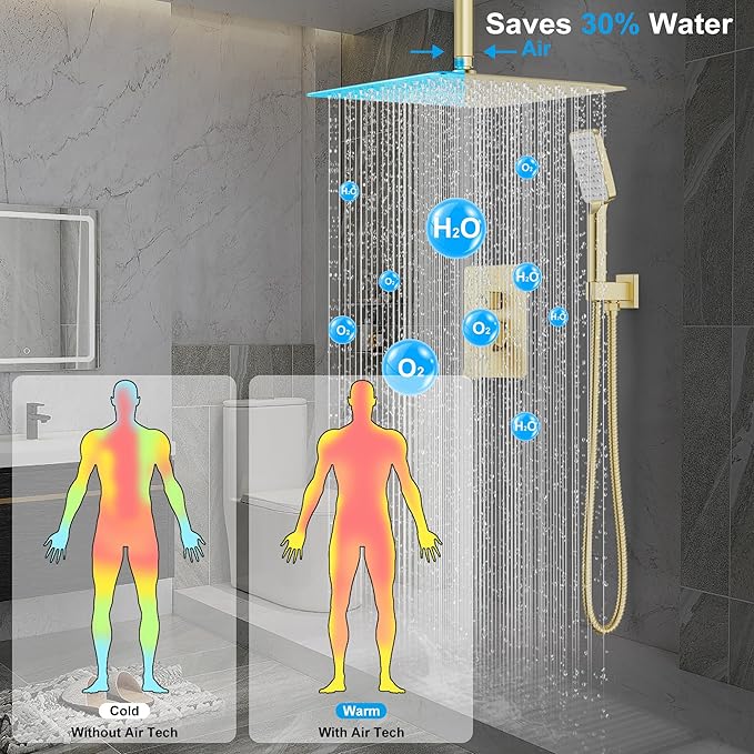 Shower System 12IN Modern Rain Brass Faucet Set With Valve and Diverter Shower Mixer With Handheld High Pressure Square Rainfall Shower Valve (12'' Ceiling Mount, Brushed Gold)