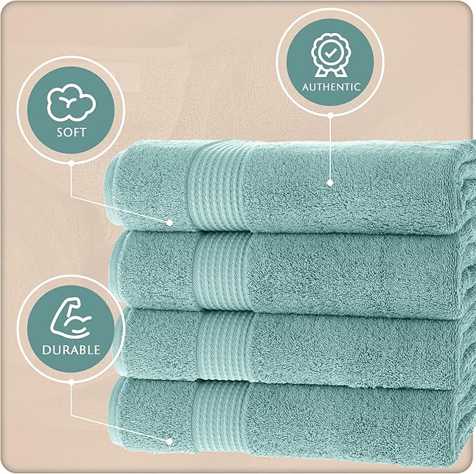MAURA Basics Performance Bath Towels 100% Turkish Cotton with Hook Loops. Extra Large Luxury Absorbent Plush Towel Sets for Bathroom, Daily Use American Standard Size 27”x54”,Seafoam
