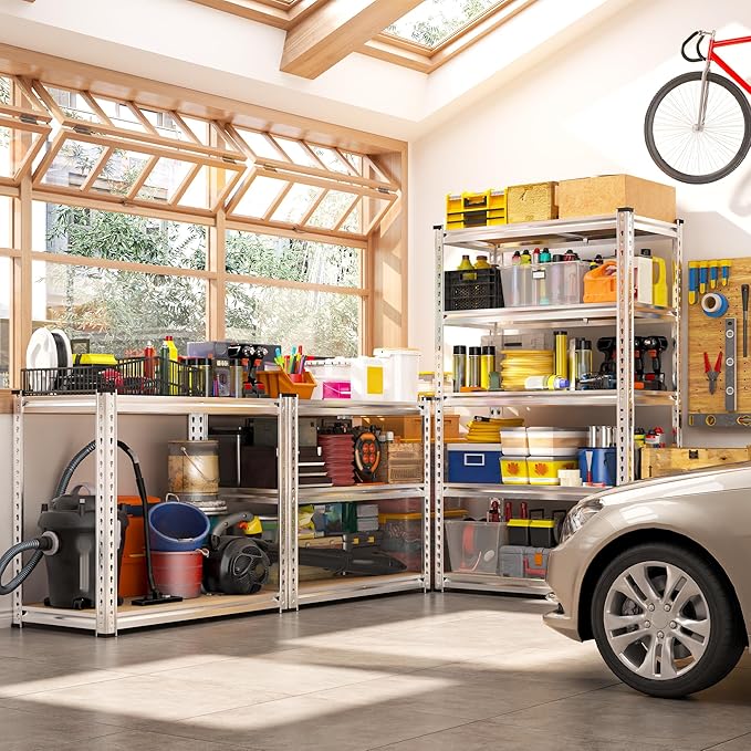 REIBII Storage Shelves 2020LBS Garage Shelving Heavy Duty 5 Tier Metal Shelving Adjustable Pantry Shelves for Garage Pantry Closet Kitchen Basement 28" W x 12" D x 59.8" H, Silver