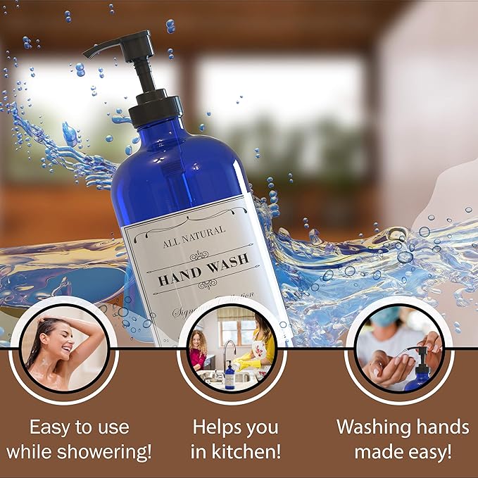16 OZ Cobalt Blue Glass Soap Dispenser with Plastic Pump 2 Pack, Hand and Dish Soap Dispenser Set for Bathroom and Kitchen Sink with 6 Waterproof Labels