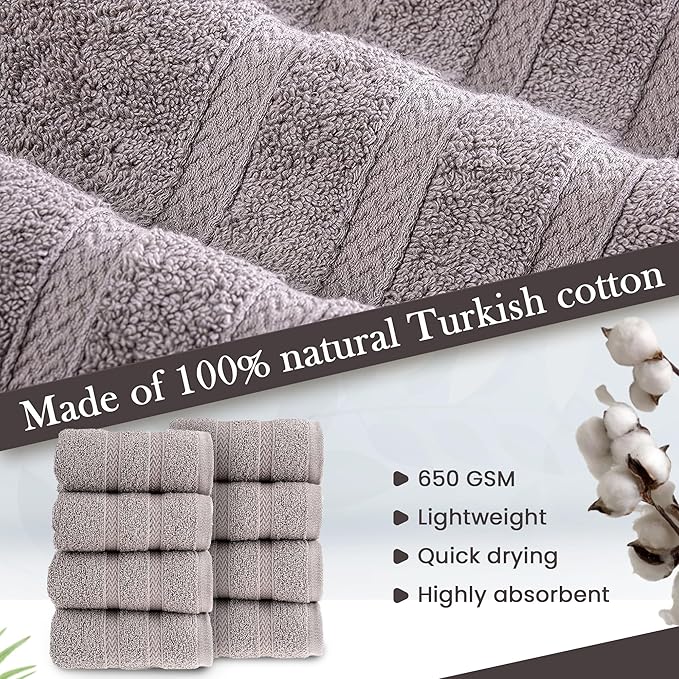 HALLEY Turkish 8 Pack Premium Washcloths (8 Pieces) 650 GSM Highly Absorbent Super Soft 100% Cotton - 8 Washcloths (Gray)
