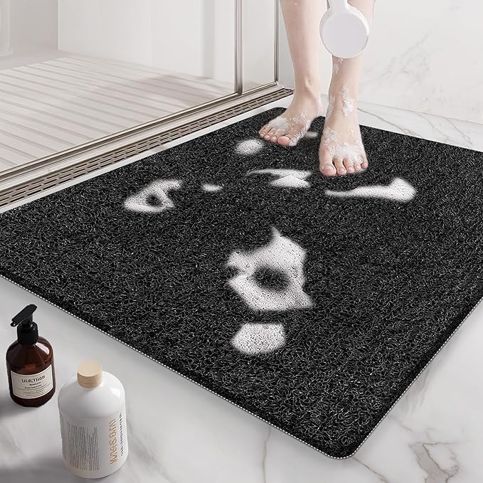Mecko Square Non-Slip Shower Mats for Inside Shower, Quick-Drying Shower Floor Mat with Foot Scrubber, Anti-Slip Loofah Bathtub Mat for Tub and Wet Areas (Black, 24"x24")