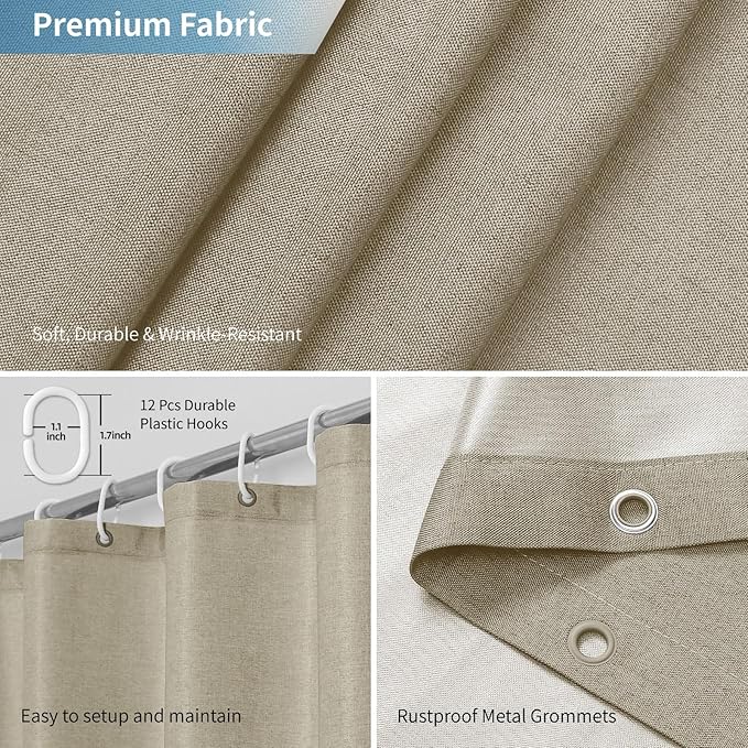 2-in-1 Waterproof Extra Long Fabric Shower Curtain or Liner,Linen Textured,96 Inch Breathable TPU & Washable Bathroom Shower Curtain Set with 12 Plastic Hooks,Modern,72"x96" Khaki