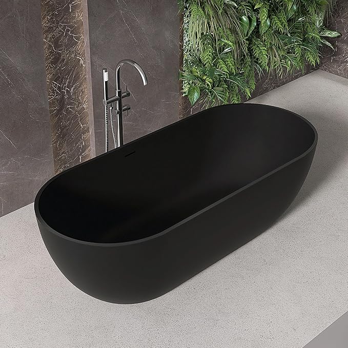 69" Stone Resin Freestanding Bathtub, Oval Solid Surface Bathroom Freestanding Tub, Thin Edge Stand Alone Tub with Integrated Slotted Overflow and Pop-up Drain, Matte Black AFS307-1750
