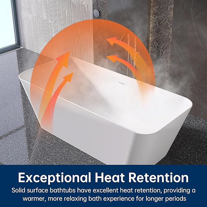 Stone Resin Freestanding Bathtub 67 ", Elegant Oval Shape Soaking Tub, Solid Surface Stand Alone Bathtub with Drain & Integrated Slotted Overflow Matte White AMFS340-1700