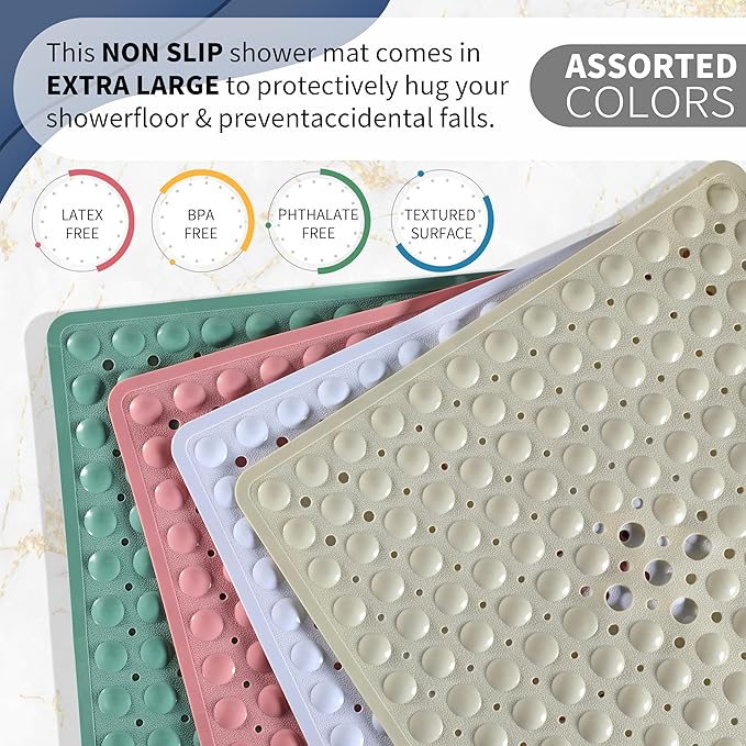 Yimobra Shower Stall Mat Non Slip, 21x21 Inch, Soft Square Bath Mat for Shower with Suction Cups and Drain Holes, Stall Floor Mats for Bathroom, Machine Washable, Bathroom Accessories, Clear Green