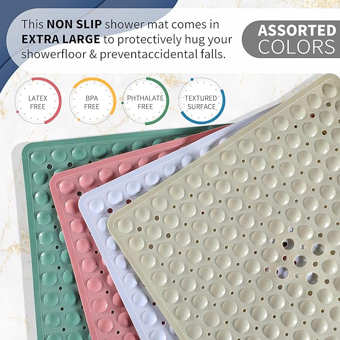 Yimobra Shower Stall Mat Non Slip, 21x21 Inch, Soft Square Bath Mat for Shower with Suction Cups and Drain Holes, Stall Floor Mats for Bathroom, Machine Washable, Bathroom Accessories,Navy Blue