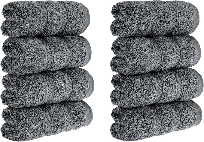 HALLEY Turkish 8 Pack Premium Washcloths (8 Pieces) 650 GSM Highly Absorbent Super Soft 100% Cotton - 8 Washcloths (Darkgray)