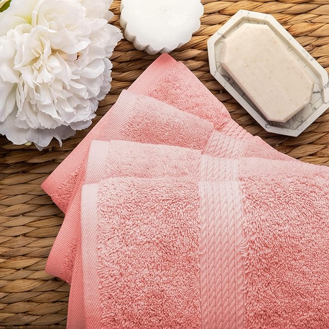 BLUENILEMILLS BNM Egyptian Cotton 4-Piece Towel Set, Includes 4 Hand Towels, Attached Loop for Easy Hanging and Storage, Hotel Quality, Perfect for Bathroom, Gym, Shower Space, or Spa, Tea Rose