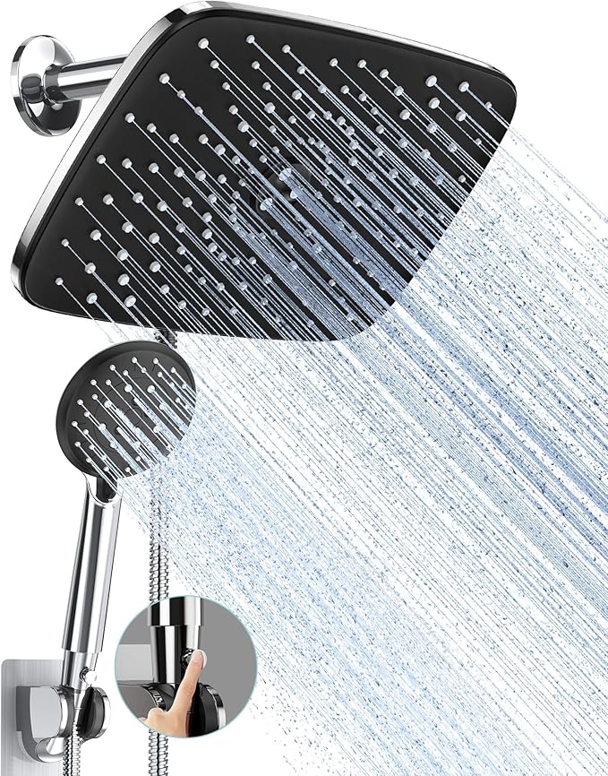 Veken 11.8 Inch Rain Shower Head with Handheld- High Pressure Dual Shower Heads with 5 Modes Handheld Spray Combo- Wide Rainfall Showerhead with Hose, Bathroom Accessories, Christmas Gift, Chrome