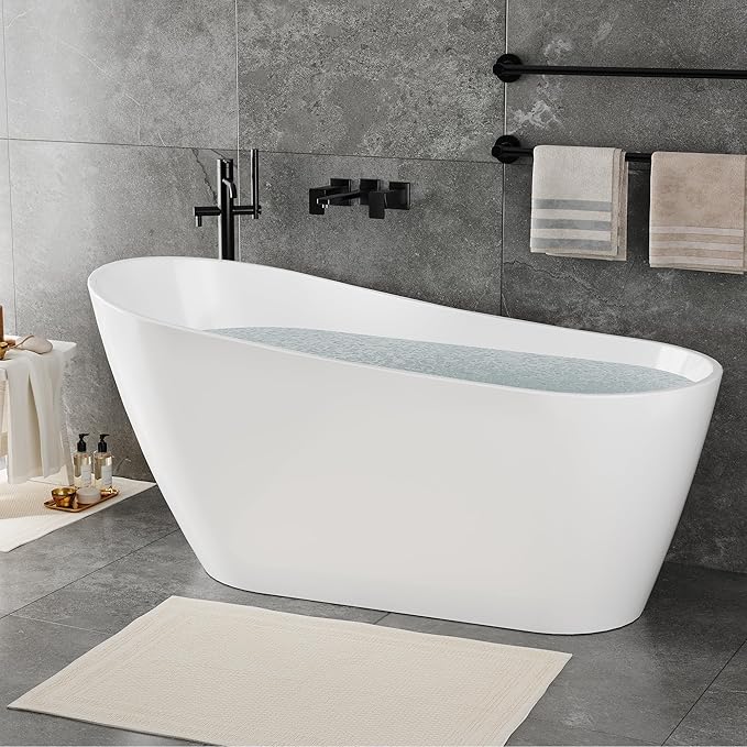 67'' Acrylic Freestanding Bathtub, Deep Soaking Tub, Non-Slip Upright Bathtub for Adults, cUPC Certified Bath, Chrome Drain, Modern, Bathroom, Scratch Resistant White Tub