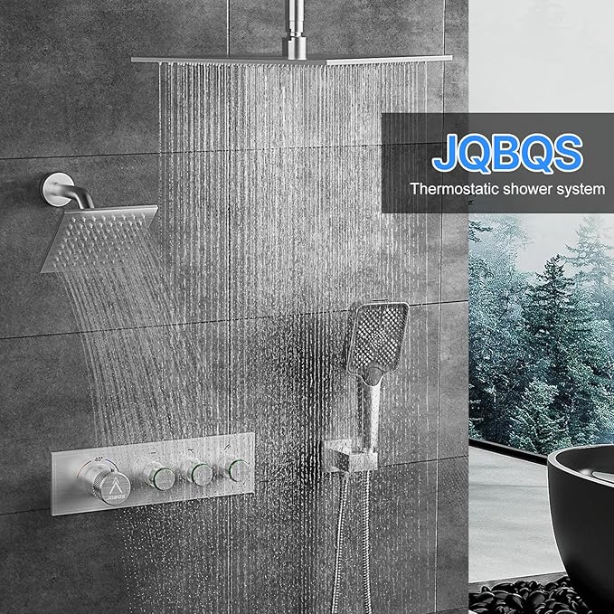 Shower System Brass Thermostatic Shower Faucet Set With Valve and Diverter Shower Mixer With Rain Head and Handheld High Pressure Square Rainfall