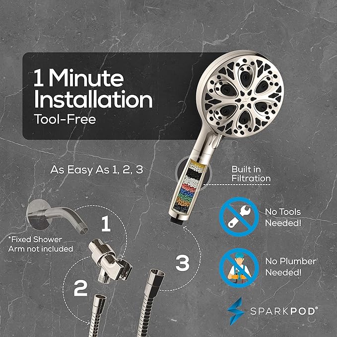 SparkPod 10-Mode Handheld Shower Head with Filter - 5" High Pressure Filtered Shower Head with Touch-to-Clean Nozzles, Built-In Power Jet, Stainless Steel 6ft Hose & Bracket (Brushed Nickel)