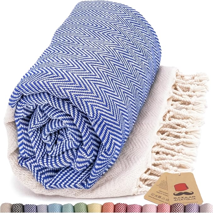 Bazaar Anatolia Turkish Beach Towel 100% Cotton Bath Towels 71x39 Quick Dry Sand Free Lightweight Large Oversized Herringbone Dark Blue