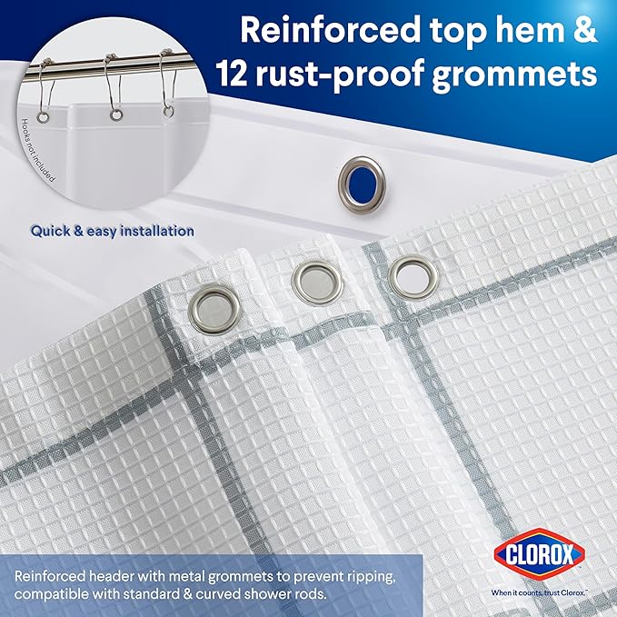 CLOROX Bathroom Waffle Windowpane Pattern Shower Curtain with Waterproof Lightweight PEVA Liner Set, Standard Size, Metal Grommets, No Hooks 72" x 72" - 2 Pc Set - Grey w Frosty PEVA