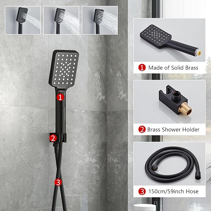 Shower Faucet Set Complete Matte Black Shower System with 10 inch Square Rainfall Shower Head 3-Function Handheld Shower Waterfall Bathtub Spout Rain Shower Combo Set Bathroom Wall Mounted