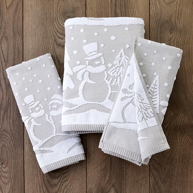 SKL Home Christmas/Winter Scenic Snowmen 100% Cotton Premium 2-Piece Hand Towel Set, 500 GSM, Reversible Jacquard, Soft & Absorbent, Decorative for Bath/Kitchen/Bar, Gray