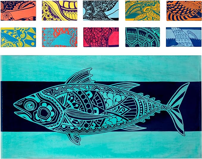 Nova Blue Tuna Fish Beach Towel (34 X 63) – Blue Striped Cotton Beach Towels Made from 100% Cotton – Quick Drying Pool Towel with Tropical Design – Beach Towel Large Oversized