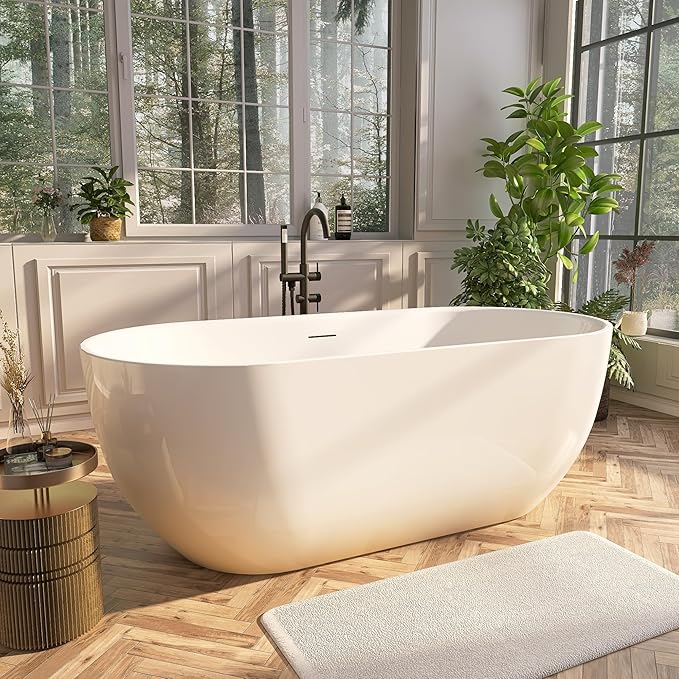 59" Acrylic Freestanding Bathtub, Free Standing Tub, Stand Alone Tub with Overflow and Drain, cUPC Certified, Gloss White