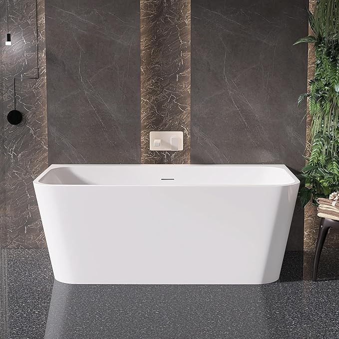 59" Acrylic Back-to-Wall Bathtub,Freestanding Bathtubs, Stand Alone Tub, Soaking Tubs for Bathroom, Integrated Overflow and Drain, cUPC Certified, Gloss White