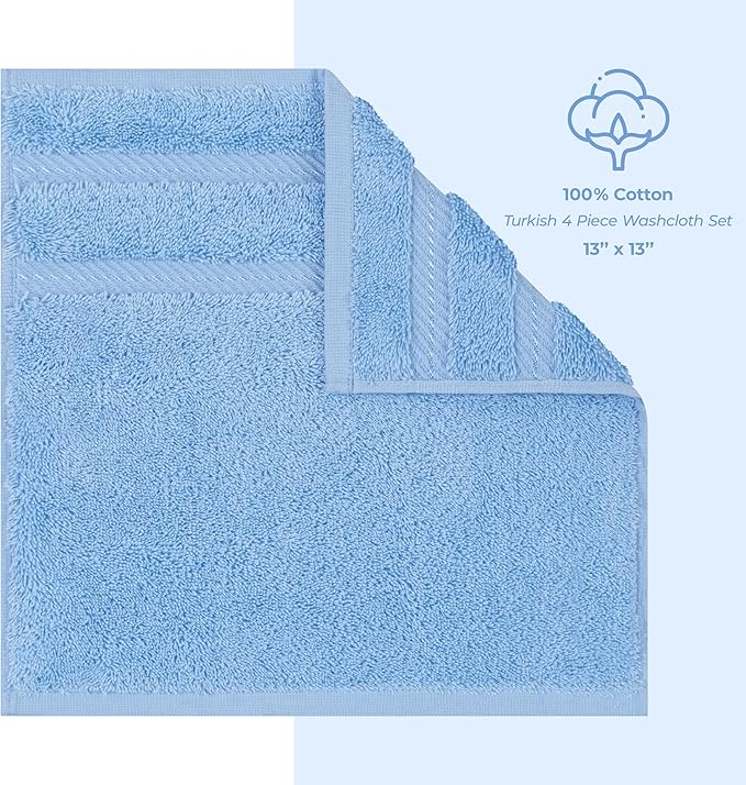 American Soft Linen Luxury Washcloths for Bathroom, 600 GSM 100% Cotton 4 Piece Turkish Wash Cloth Set, 13x13 in Soft Rags for Body and Face, Sky Blue Washcloths