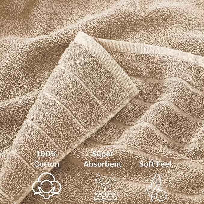 Casa Platino 100% Mercerized Cotton Bathroom Towels Set - 24 Pc - Ringspun, Soft & Absorbent - 2 Bath Sheets, 2 Gym, 2 Bath, 4 Fingertip, 6 Hand Towels, 8 Washcloths - Double Sided Terry - Beige