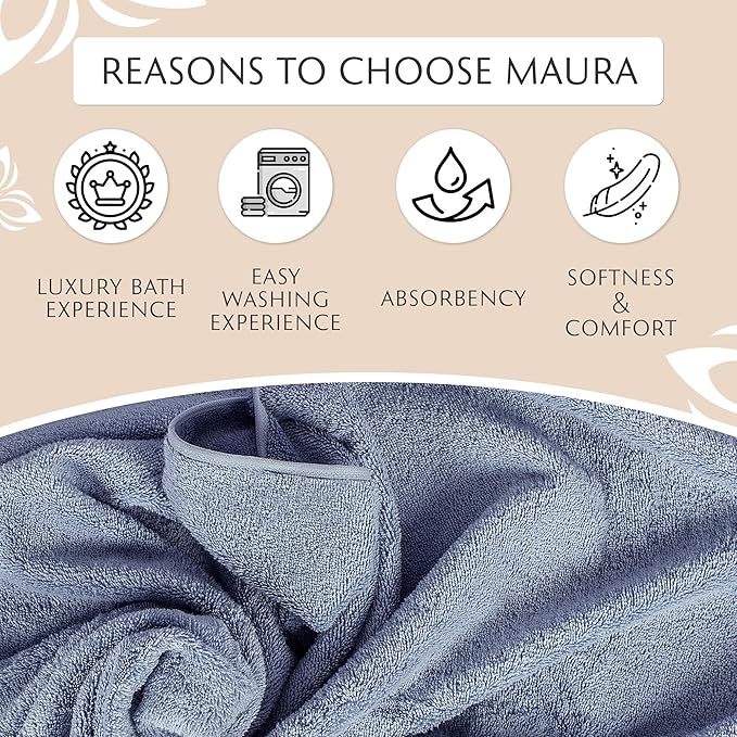 MAURA Light Blue Extra Large Turkish Cotton Luxury Bath Towels Set of 4. Ultra-Soft, Thick & Plush Towels for Bathroom - Serenity Blue